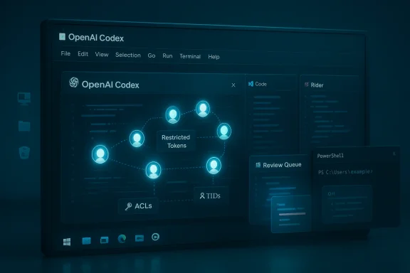 OpenAI Codex interface with a network diagram of restricted tokens.