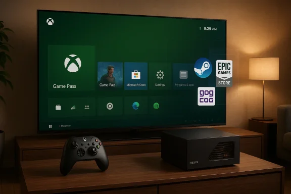Living room setup with a large TV showing Xbox Game Pass, a controller, and a console on a wooden table.