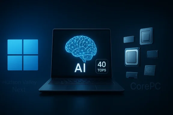 A laptop screen glows with an AI brain and 40 TOPS, amid floating hardware icons.