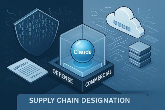 Stylized supply chain design with Claude at the center, bridging defense and commercial sectors.