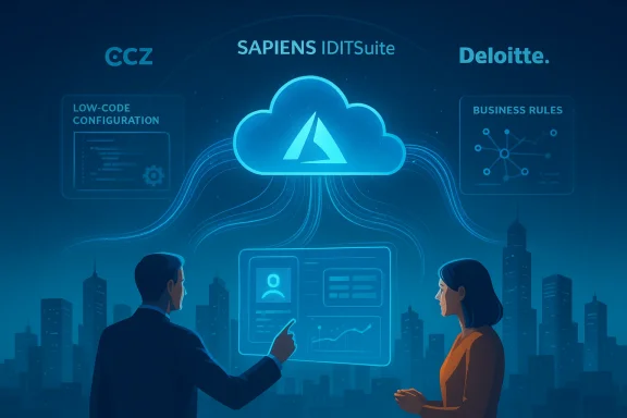 Two professionals review cloud-based analytics on holographic dashboards above a city skyline.