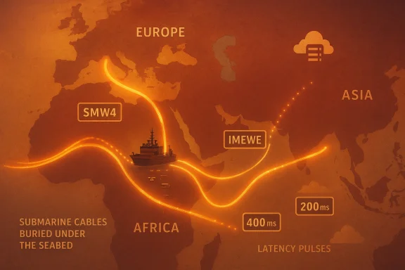 Glowing map of submarine fiber cables linking Europe, Africa and Asia via SMW4 and IMEWE.