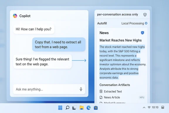 Copilot chat on the left with a user request for text extraction, beside a panel showing highlighted news text.
