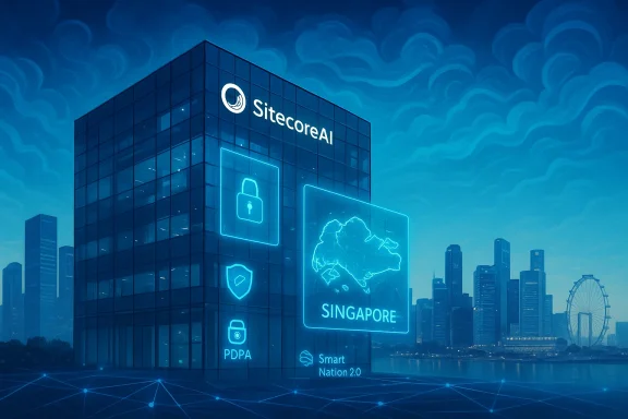 Futuristic glass building branded SitecoreAI with neon holographic Singapore map and security icons.