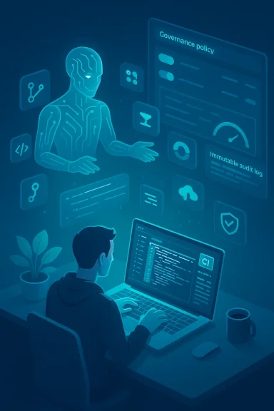 A person sits at a laptop, surrounded by blue holographic governance policy and audit interfaces.