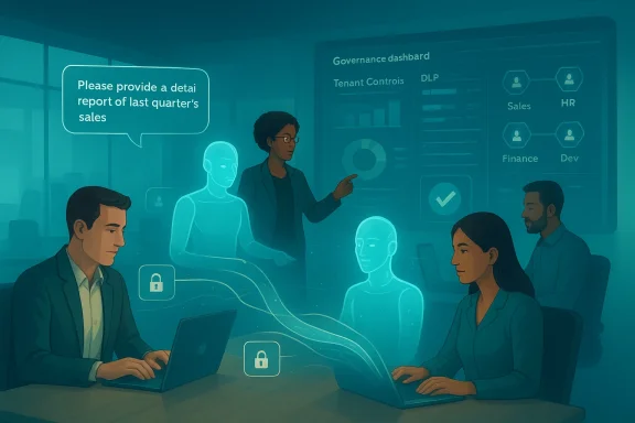 A futuristic boardroom with holographic coworkers while a presenter requests the last quarter's sales report.