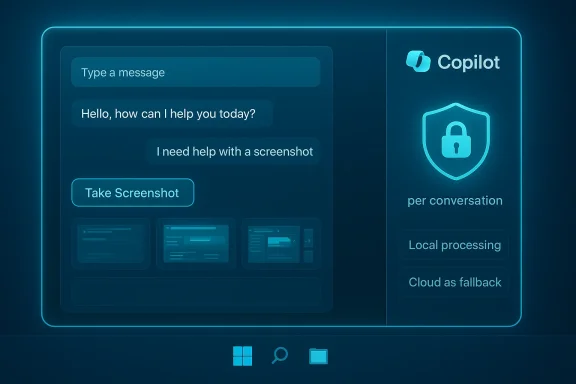Neon blue Copilot UI with chat, a Take Screenshot option, and per-conversation secure processing.