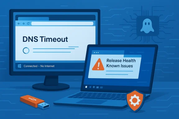 Screens display DNS Timeout and Release Health issues, with a security shield icon.