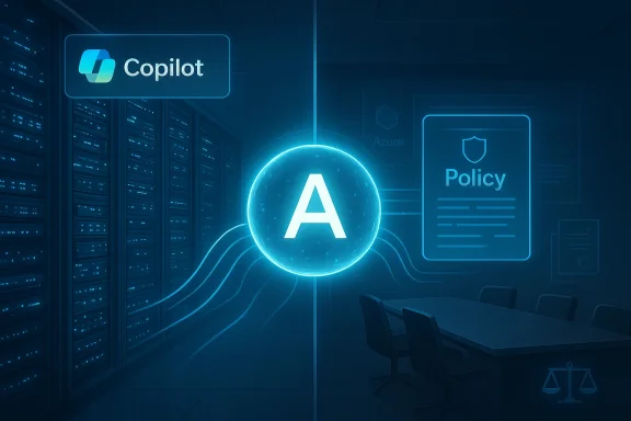 A glowing blue AI orb 'A' floats above a data center beside Copilot and Policy icons.