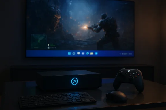 Dimly lit gaming setup with Xbox Series X, keyboard, and mouse, as a dark shooter game runs on the monitor.
