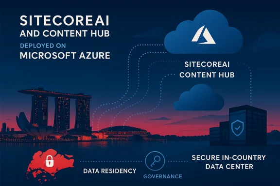 Promotional infographic for Sitecore AI and Content Hub on Microsoft Azure, featuring cloud icons and Singapore skyline.