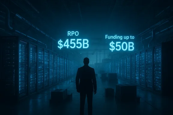 A person stands in a blue-lit data center, facing neon text: RPO $455B and Funding up to $50B.