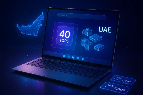 A futuristic laptop displays 40 TOPS AI tech with a UAE theme and holographic graphics.
