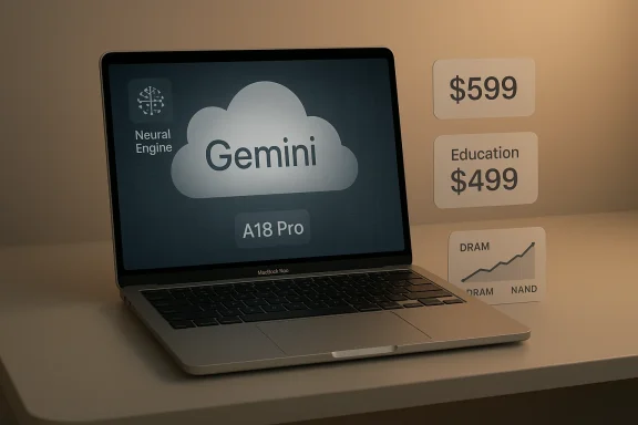 MacBook Pro displays Gemini AI cloud (A18 Pro) with price tags $599 and Education $499.