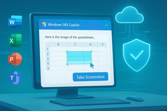 A computer screen shows Windows 365 Copilot with a spreadsheet and a Take Screenshot button.