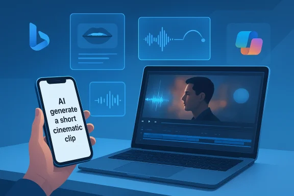 A user uses AI to generate a short cinematic clip on a smartphone while editing on a laptop.