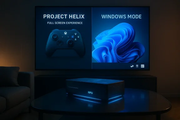 Dim living room with a large screen split into Project Helix and Windows Mode, and a glowing NPU box on a glass table.