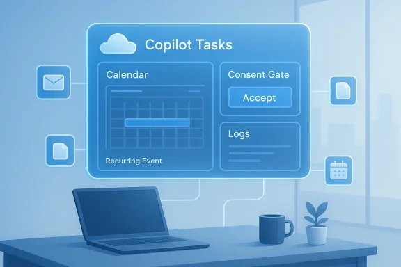 Blue holographic Copilot Tasks dashboard with calendar, consent gate, and logs above a desk. Blue holographic Copilot Tasks dashboard with calendar, consent gate, and logs above a desk.