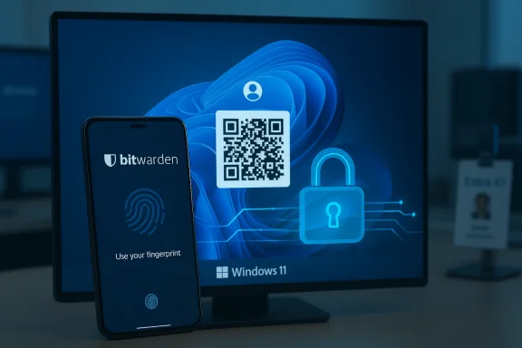 Bitwarden mobile app beside a Windows 11 screen showing a QR code and a padlock.