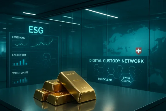 Gold bars sit on a table inside a high-tech ESG digital custody facility.
