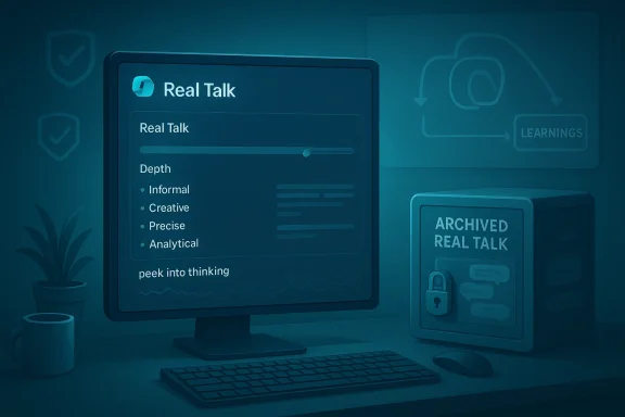 A blue-lit desk shows a Real Talk interface on a monitor with depth options, beside an archived Real Talk box.