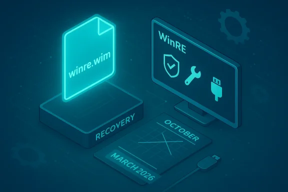 Neon isometric illustration of WinRE recovery: a glowing winre.win file, a recovery base, and calendar cards.