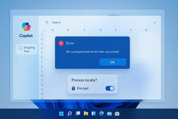 Windows desktop UI showing Copilot Snipping Tool over a spreadsheet with an 'Unexpected error' dialog.
