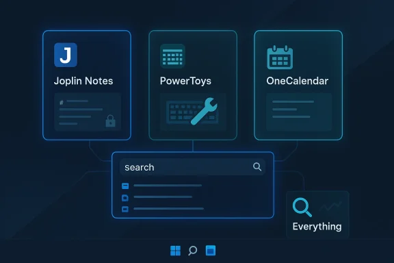 Neon blue UI featuring app tiles for Joplin Notes, PowerToys, and OneCalendar, with a central search panel.