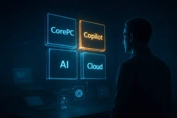 A person gazes at a glowing holographic display showing CorePC, Copilot, AI and Cloud.