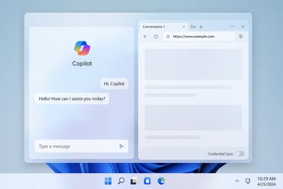 Split-screen UI showing Copilot chat on the left and a browser window on the right in soft blue tones.