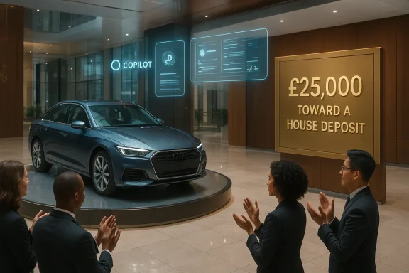 Blue sedan on a rotating showroom platform as professionals applaud beside a £25,000 house deposit sign.