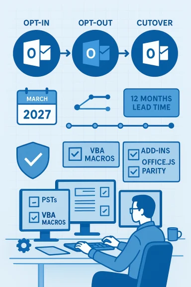 Outlook opt-in/opt-out cutover plan with 12-month lead time and VBA macros.
