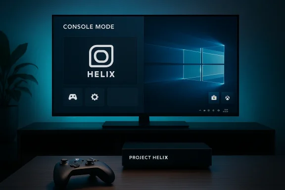 Dimly lit gaming setup with a large console-mode monitor displaying Helix, an Xbox controller, and a Project Helix box.