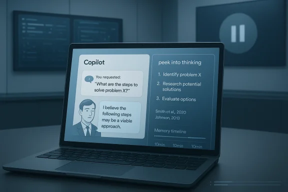Laptop screen shows Copilot chat and a “peek into thinking” steps list in a modern office.