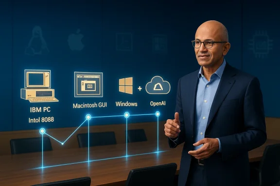 A presenter explains a holographic timeline of computing platforms: IBM PC, Macintosh GUI, Windows, OpenAI.
