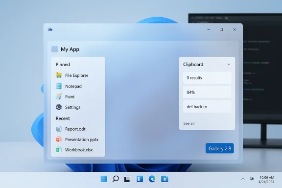 Windows-style app window on a blue desktop showing a pinned shortcuts list and a clipboard panel.