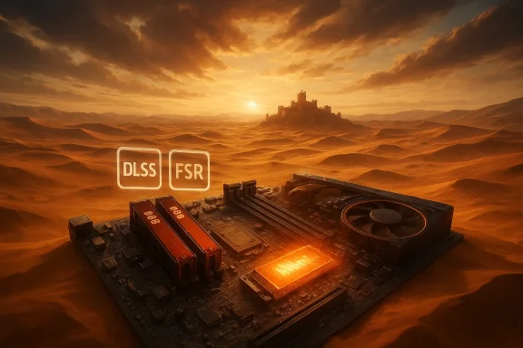 A vast desert swallows a giant motherboard, glowing DLSS and FSR icons, with a distant castle on the horizon at sunset.