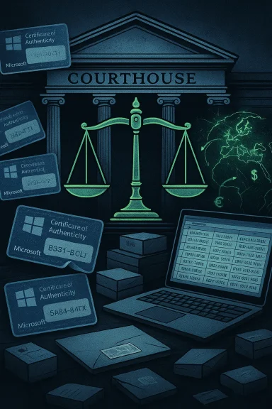 A courthouse façade with glowing scales of justice, COA cards, and a laptop among boxes.