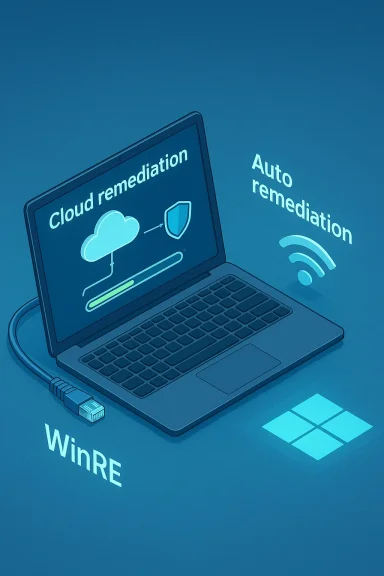 Blue-toned illustration of a laptop showing cloud remediation and auto-remediation, with WinRE and Windows logo.