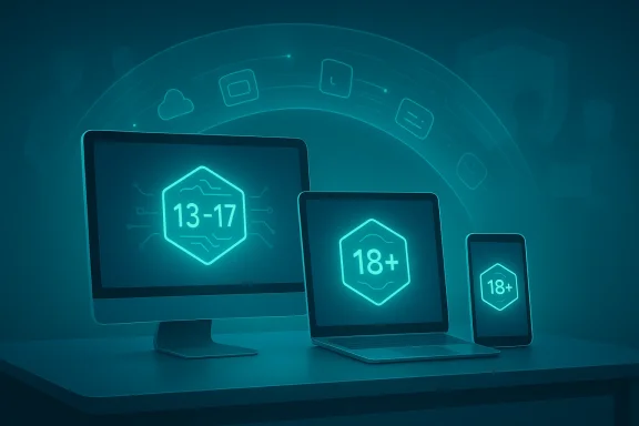 Neon-age rating icons (13-17 and 18+) displayed across a desktop, laptop and mobile screens.