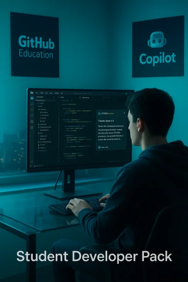 A student coder works at a large monitor, coding under GitHub Education and Copilot posters.