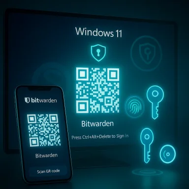 Neon Windows 11 screen displaying a Bitwarden QR code alongside a phone for secure sign-in.