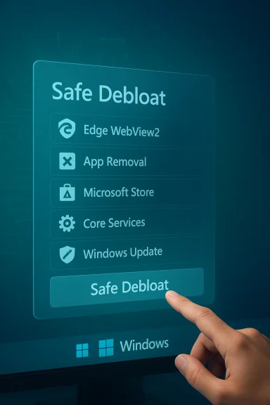 Touchscreen Windows UI showing Safe Debloat options with a finger pressing the Safe Debloat button.