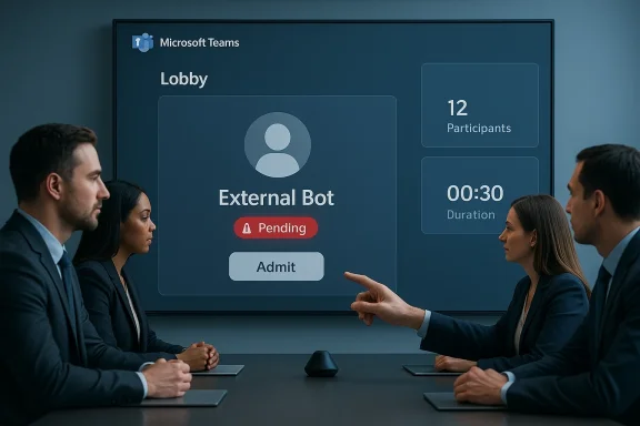 Professionals await admission as a Teams lobby shows an External Bot with Pending status.