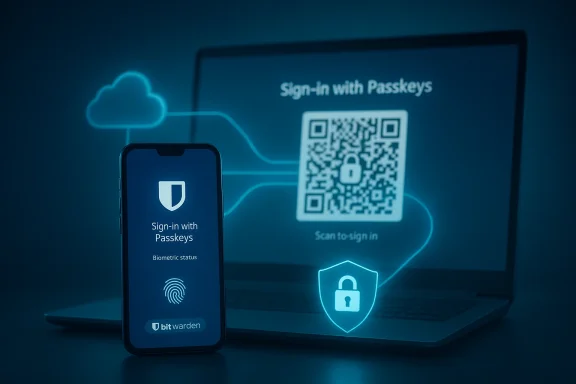 Phone and laptop display Bitwarden passkeys sign-in with a QR code and biometric status.