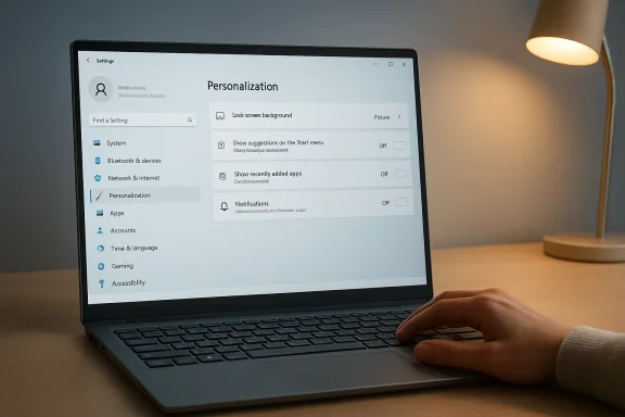 Person using a laptop displaying Windows Personalization settings.