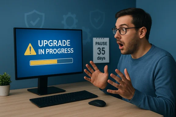 A surprised man watches a computer screen that says “Upgrade in Progress” with a yellow progress bar.