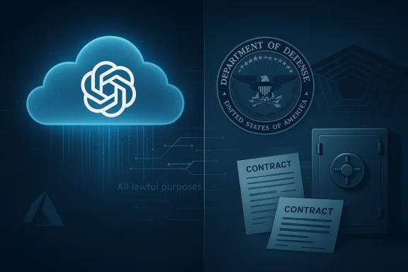 Glowing blue cloud icon beside a US Department of Defense seal and contract papers.