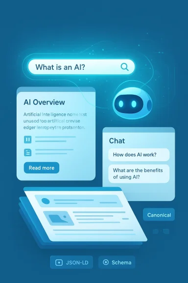 Blue AI-themed infographic featuring a chatbot, search bar, and AI overview panels.