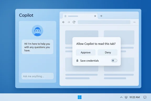 Blue Copilot UI featuring a left chat panel and a browser tab permission dialog.